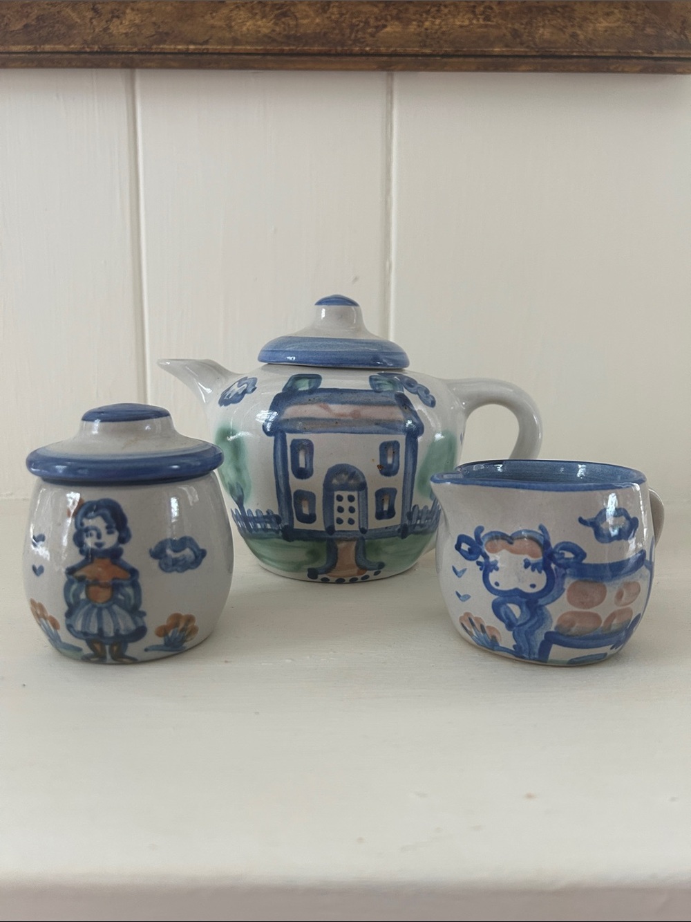 Hadley Hand-Painted Blue/Green/Rust Country Theme Ceramic Teapot and Creamer Set